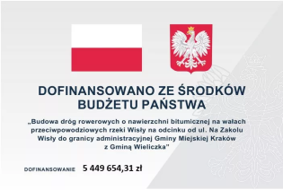 Plansza informująca o dotacji z Budżetu Państwa dla Gminy Miejskiej Kraków
