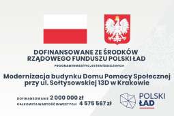 Program Inwestycji Strategicznych – edycja VIII. Modernizacja budynku Domu Pomocy Społecznej przy ul. Sołtysowskiej 13D. Tablica informacyjna.